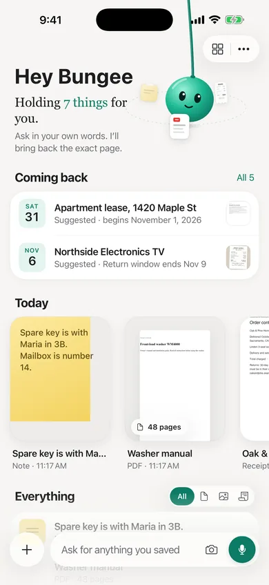 Hey Bungee’s Home screen: an apartment lease and a TV’s return window under Coming back.