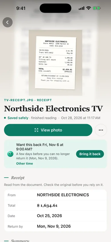 A TV receipt in Hey Bungee: Northside Electronics, $1,634.61, bought Oct 25, return by Nov 9, and a reminder offered for Nov 6.